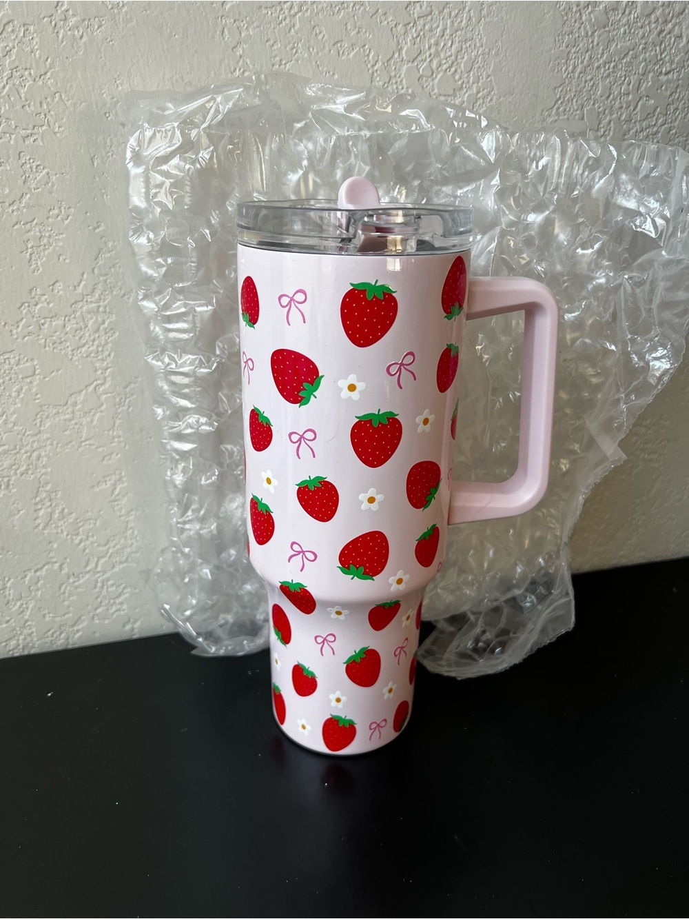 Pink Strawberry 42oz Travel Tumbler with Handle - Cute Floral Design